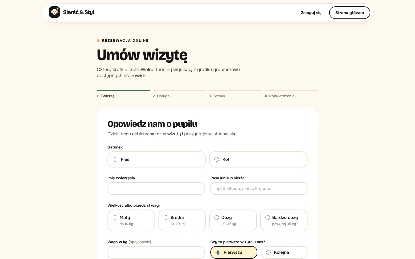 Formularz rezerwacji: dane o pupilu