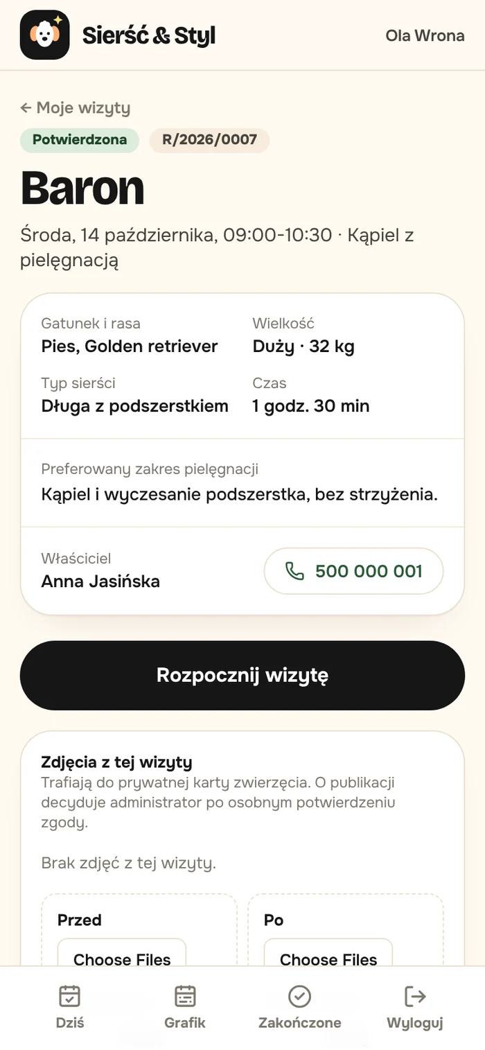Szczegóły wizyty na telefonie groomera