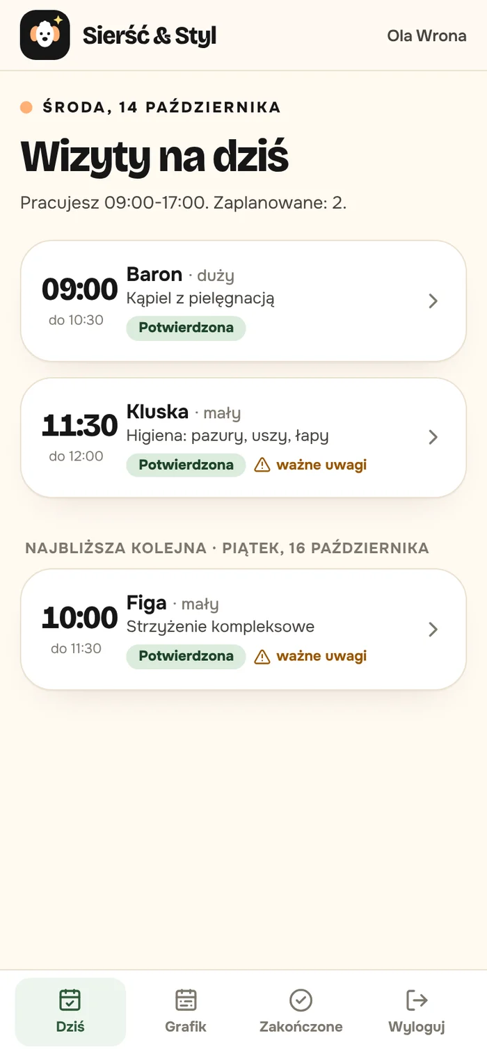 Widok groomera na telefonie: wizyty na dziś