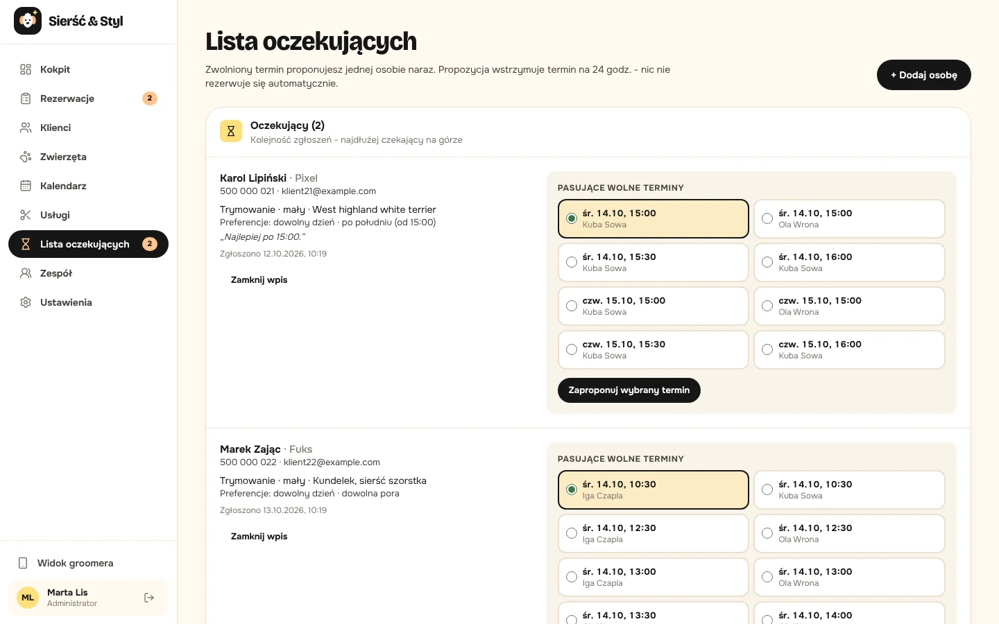 Lista oczekujących z pasującymi wolnymi terminami