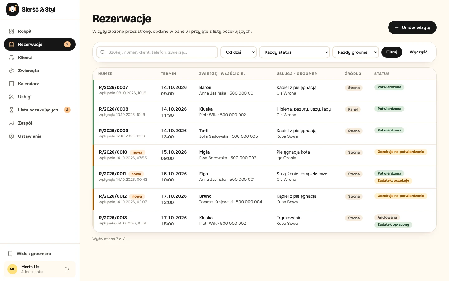 Lista rezerwacji z terminem, usługą, źródłem i statusem