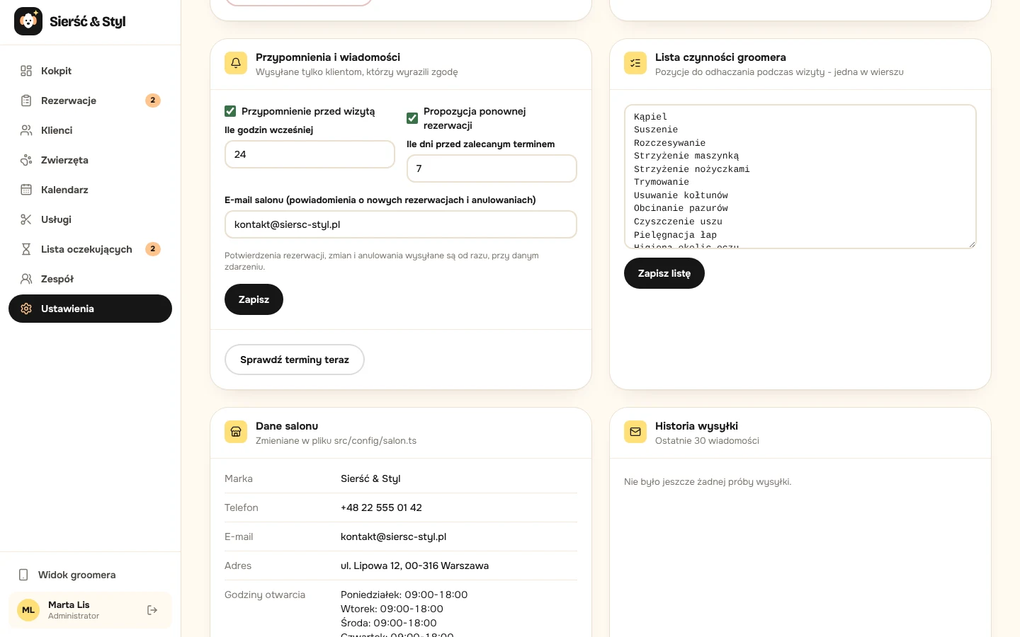 Ustawienia przypomnień, lista czynności groomera i dane salonu